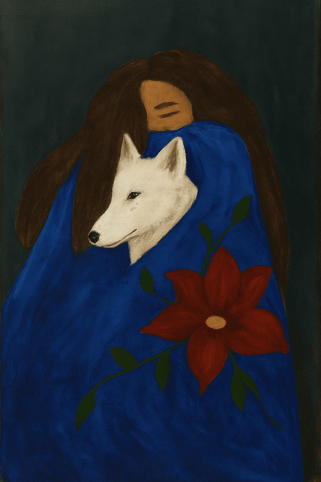 A woman cloaked in blue embracing a white wolf in stillness