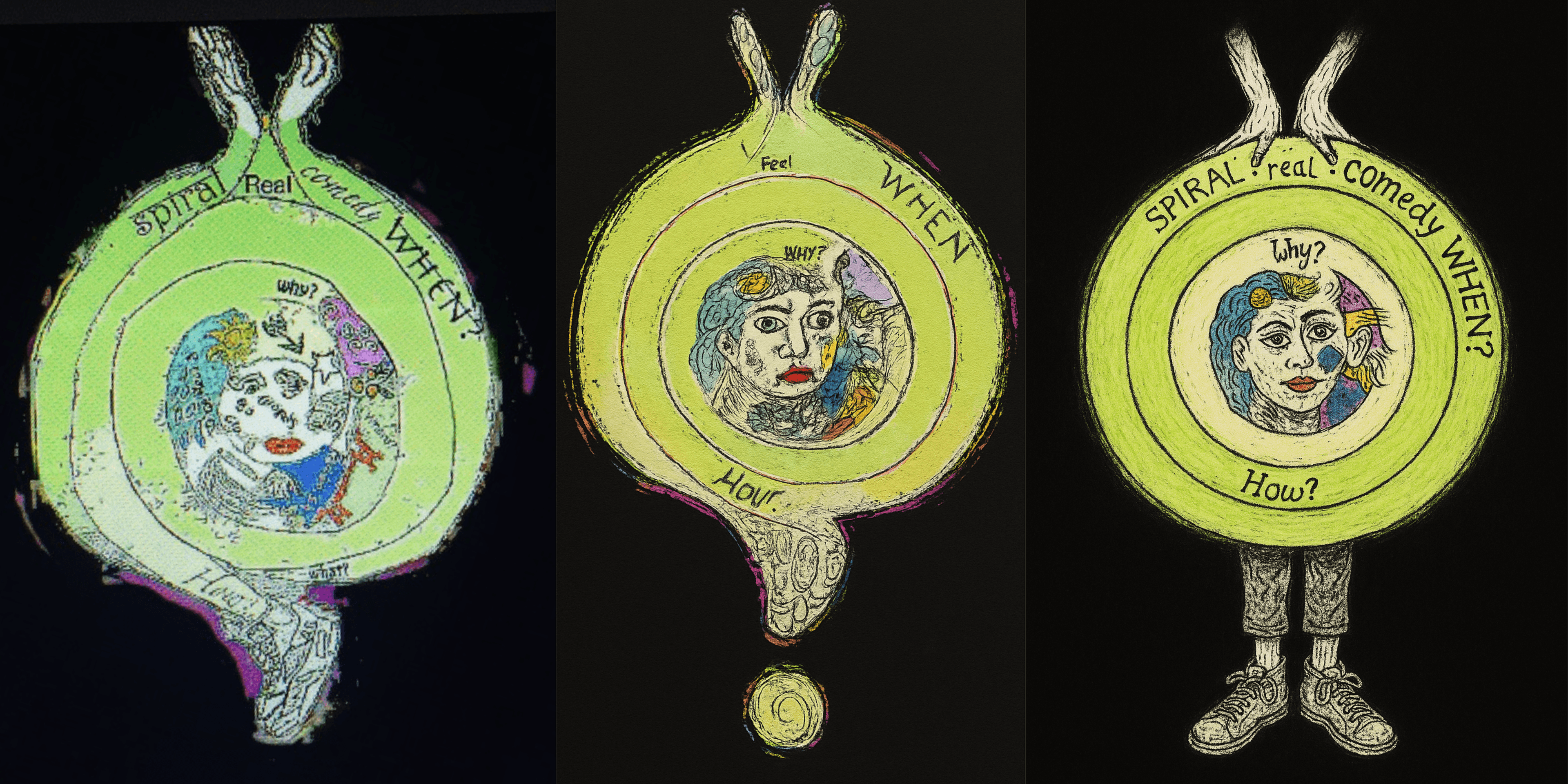 Three-panel artwork showing a spiral with a split face, evolving hands, and shoes — representing the mind’s progression.