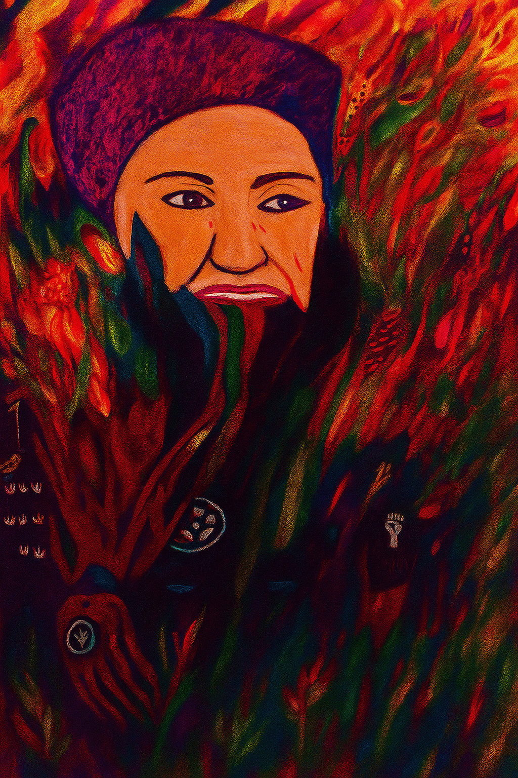 A figure emerging from flora and fire